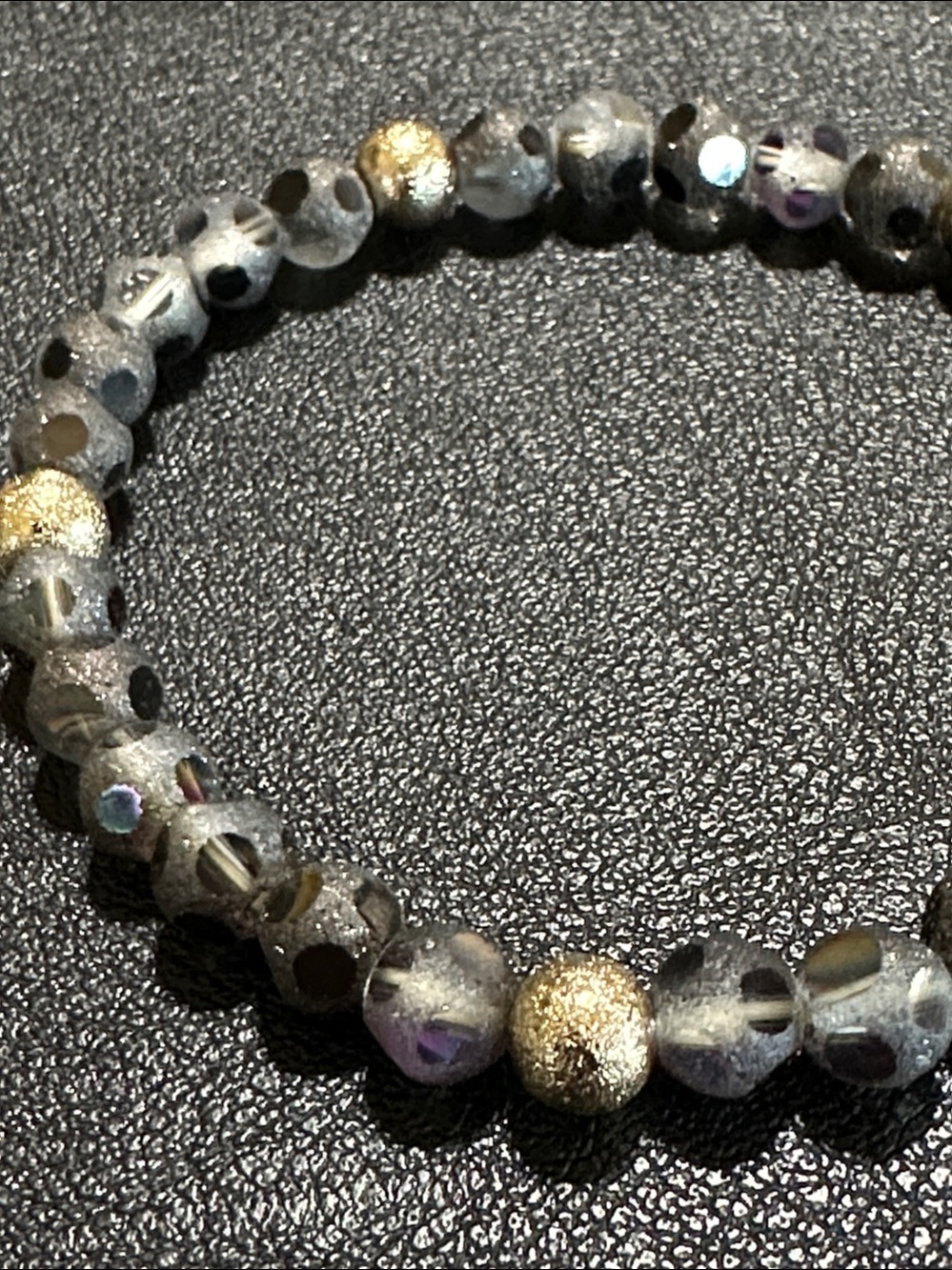 51. Dark Grey Polka Dot Glass & Gold Tone Beaded Stretch Bracelet - Picture 3 of 9